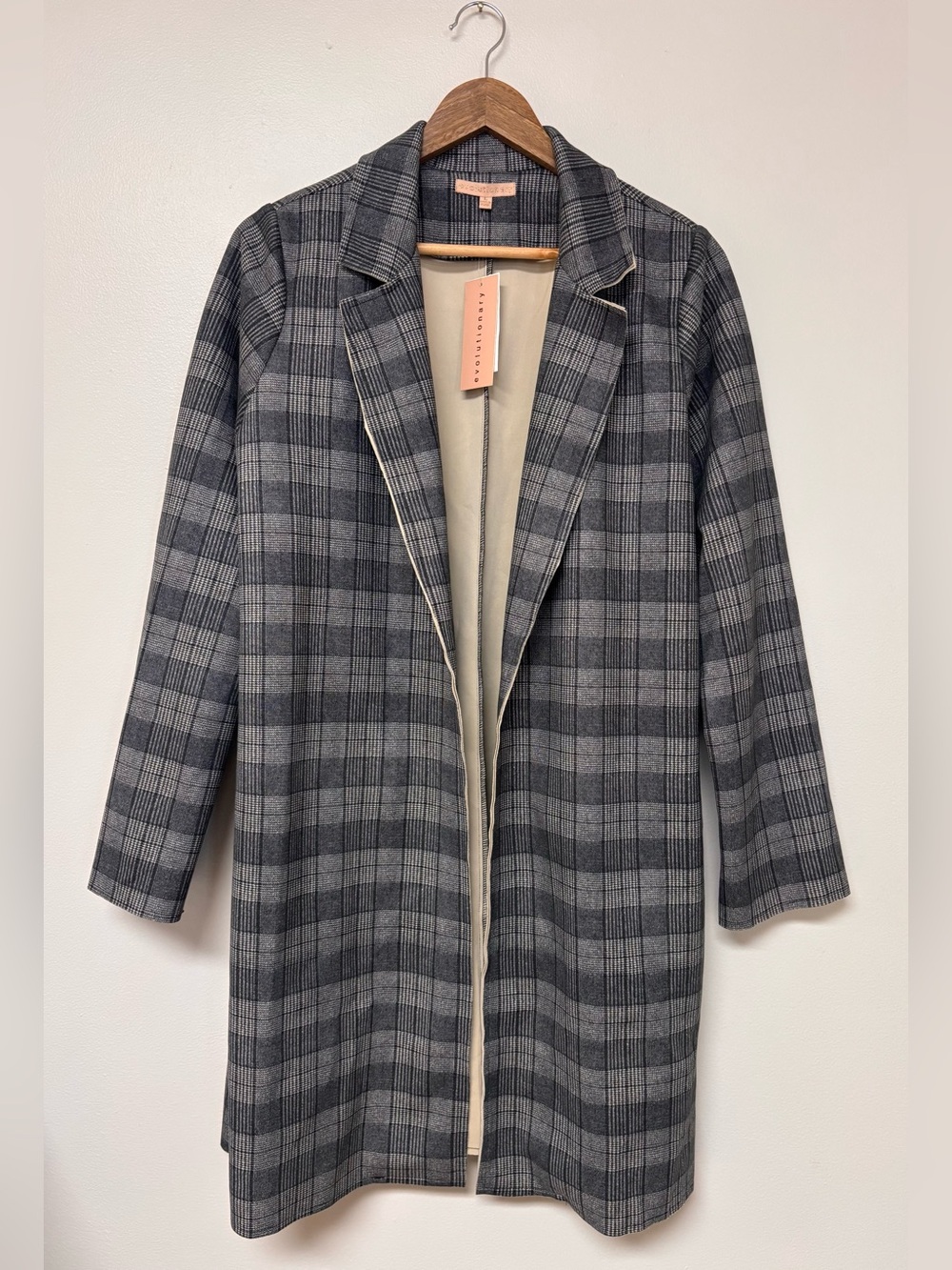 NWT Evolutionary Gray Glen Plaid Open Front Longline Blazer Jacket L Academia